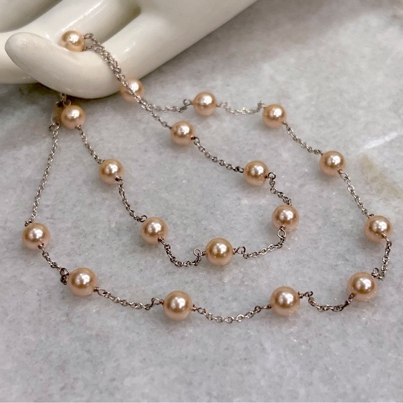 SWAROVSKI Crystal Peach Pearl Sterling Silver Necklace and Dangle … - Picture 6 of 12